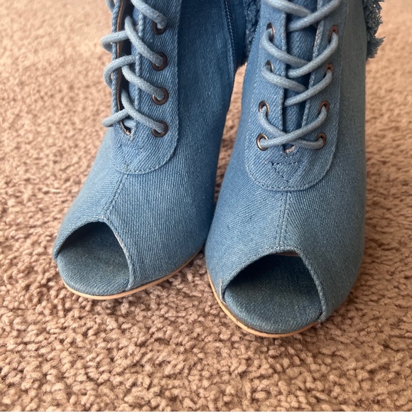 Women's Frayed Denim Peep Toe Stiletto Booties  Lace Up Size 6 - Picture 6 of 14